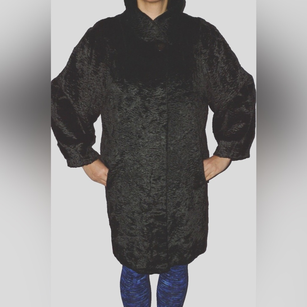 STEVE BY SEARLE 90's Y2K Vintage Sz S M BLACK FAUX FUR WINTER COAT WARM Boucle